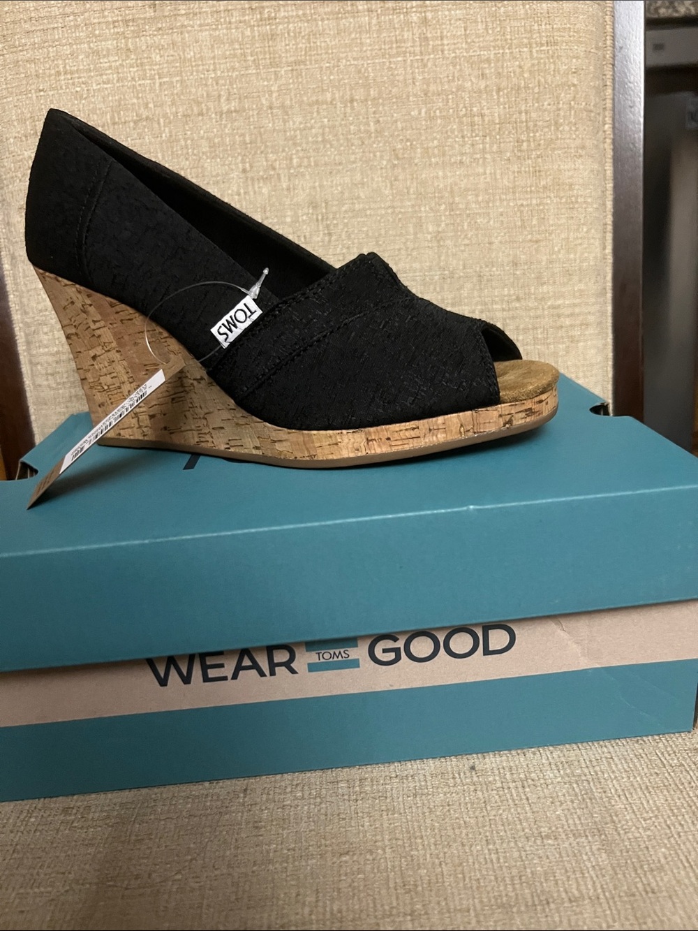 TOMS Black Lace Peep-Toe Cork Wedge